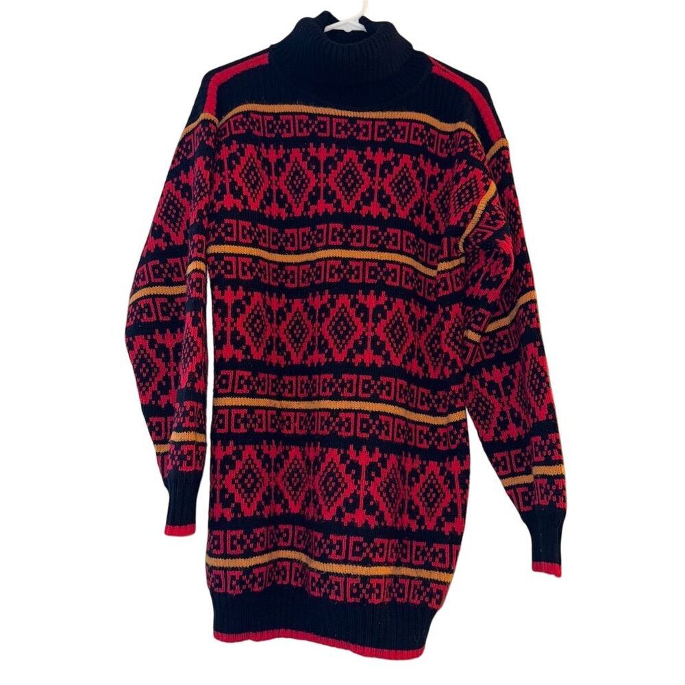 Stevemor Vintage Geometric Fair Isle Turtleneck Sweater‎ Dress Red Black Large